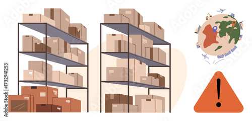 Storage racks filled with packages, global shipping map, location pin, and warning sign. Ideal for logistics, supply chain, e-commerce, inventory, delivery risk management simple flat metaphor
