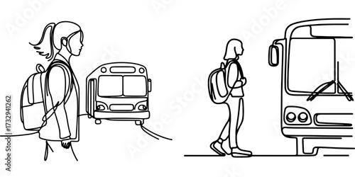 Schoolgirl waiting for school bus — two single line illustration