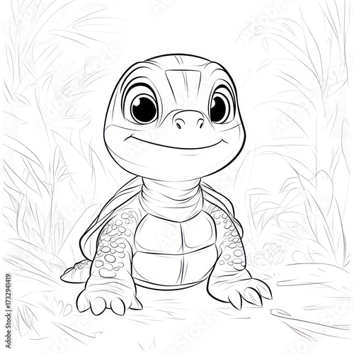 Smiling cartoon turtle illustration in black and white for coloring pages