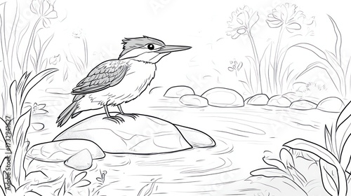 Line art illustration of a bird perched on a stone in a natural environment