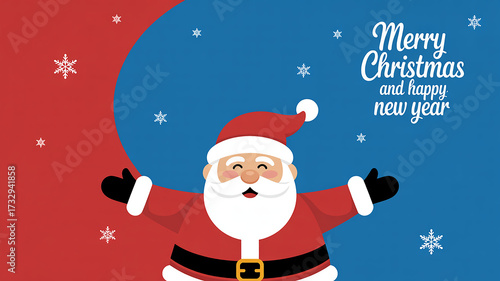 Joyful Santa Claus spreads holiday cheer with a warm embrace and festive snowflakes wishing Merry Christmas and Happy New Year to all