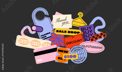 Collection of vibrant patches, labels, tags, and stickers in bold retro style. A unique set of labels stamps and funky elements inspired by 90s aesthetics. Trendy hipster designs perfect promotions