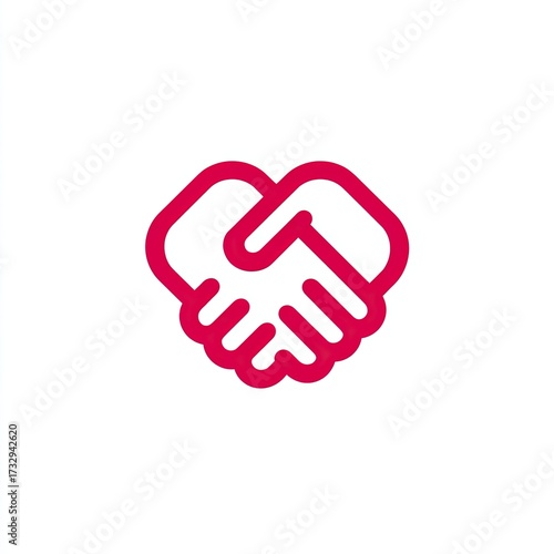 A stylized crimson-red image depicts two hands clasped in a handshake, forming a heart shape.  The lines are bold and clean