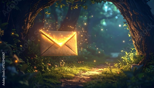 A glowing envelope hovers in an enchanted forest clearing, framed by a dark, arching tree tunnel, surrounded by fairy lights