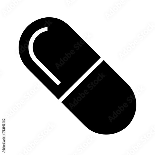 Simple, modern black capsule icon representing health, medicine, and wellness solutions for innovative designs.
