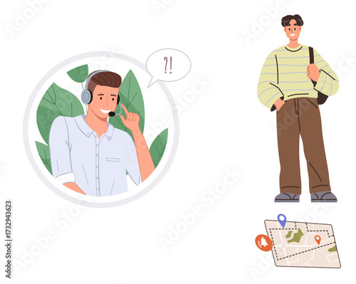 Customer service agent wearing a headset communicates with a traveler using a map. Ideal for support, travel, communication, navigation, remote help, technology, customer service. Simple flat
