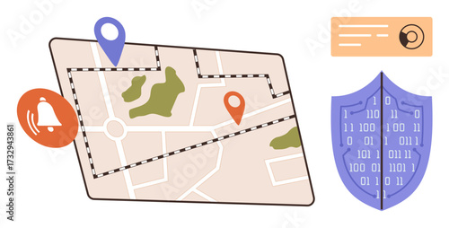 Digital map with pins, notification icon, security shield with binary code, and navigation settings. Ideal for navigation, location services, cybersecurity, data privacy, app development travel