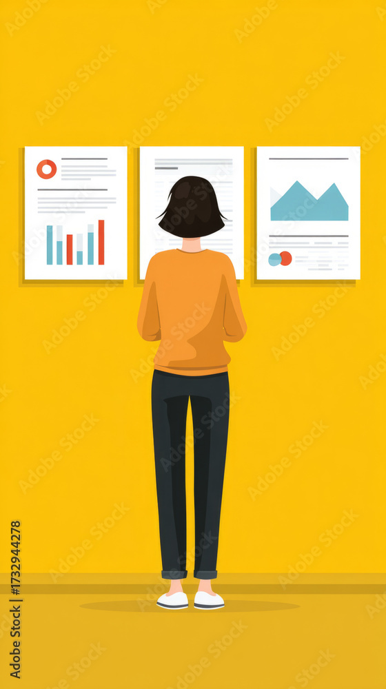 Obraz premium Female analyzing business graphs on wall in office setting