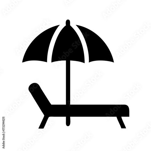Relaxing beach chair and umbrella icon symbolizing vacation, leisure, and summer holidays, perfect for travel and recreation themes.