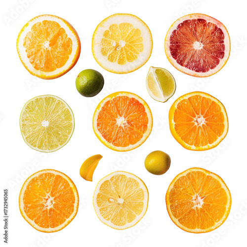 Colorful citrus slices arranged in a grid