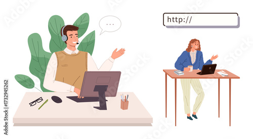 Customer support agent in a headset interacts professionally at a desk with a client operating a laptop elsewhere. Ideal for teamwork, online communication, remote work, customer service, technology