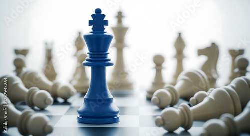 A prominent blue chess king stands upright, dominating the chessboard with many fallen white pieces