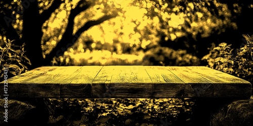 Wooden table set in a tranquil garden during hour surrounded by lush greenery and soft sunlight filtering through trees