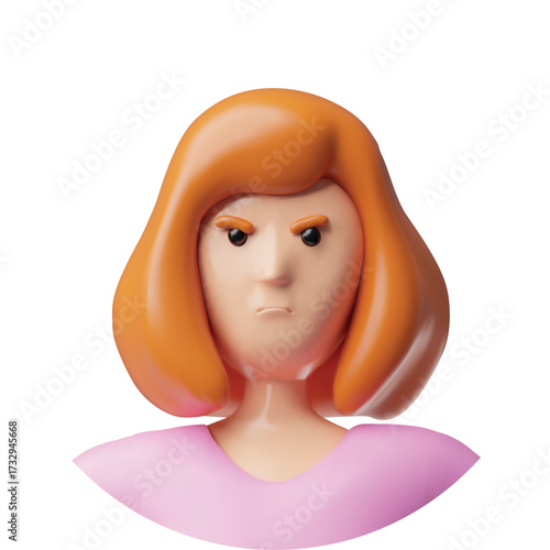 A 3D female avatar icon, round, wearing pink clothes, with brown hair and a frowning face.