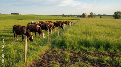 Medium shot of livestock grazing in a rotational system showcasing controlled pasture movement to enhance soil health and reduce overgrazing.