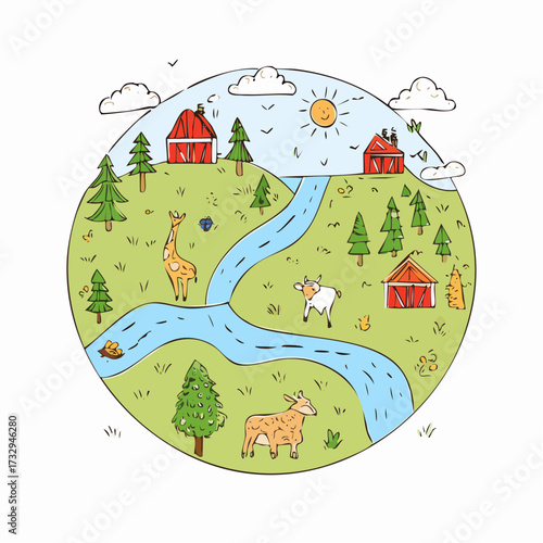 Kids doodle map creator hand drawn naive child nature landscape village nature farm animal scribble.