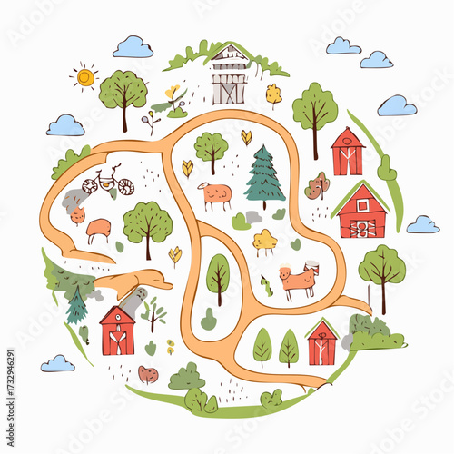 Kids doodle map creator hand drawn naive child nature landscape village nature farm animal scribble.