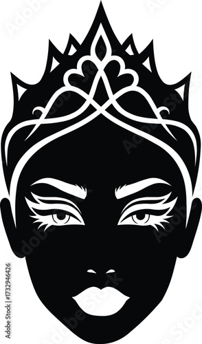 Elegant silhouette of a young woman s face adorned with a detailed ornate crown and dramatic eye makeup