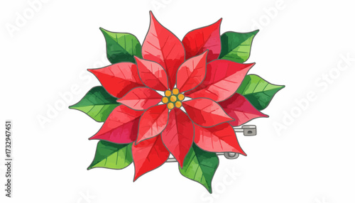 Red poinsettia brooch with green leaves on white background  