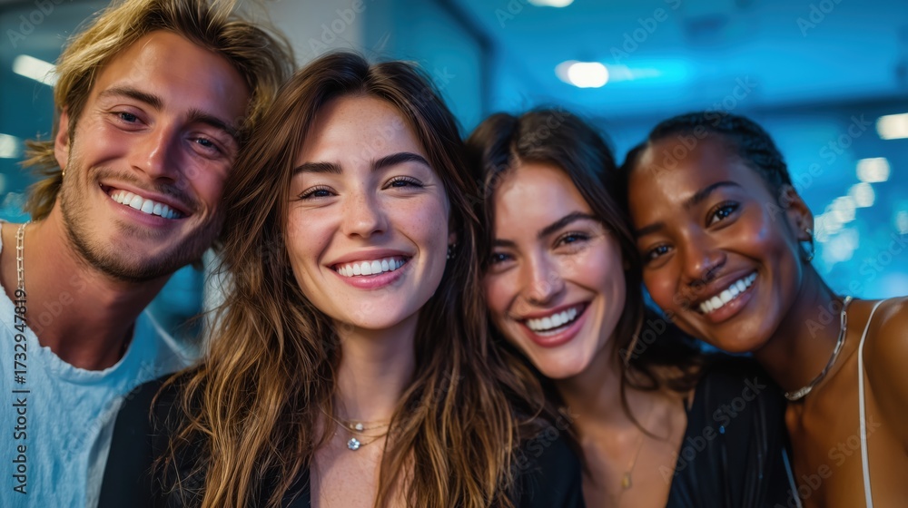 Obraz premium Four friends smiling together indoors with modern bright background