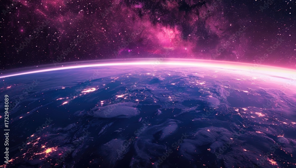 Fototapeta premium A vibrant, stylized depiction of Earth from space, showcasing city lights and a dramatic, pink-hued nebula in the backdrop. The curve of the planet is prominently displayed