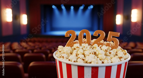A bucket of popcorn with '2025' on top in a theater. It evokes anticipation for upcoming movies and entertainment experiences in the year 2025