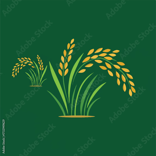 Stylized rice stalks in gold and green on a dark green background