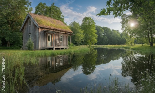 Wallpaper Mural Rustic cabin by a tranquil pond at dawn Torontodigital.ca