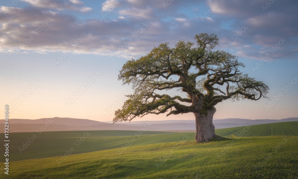 Obraz premium Solitary oak tree on a rolling green field at dawn