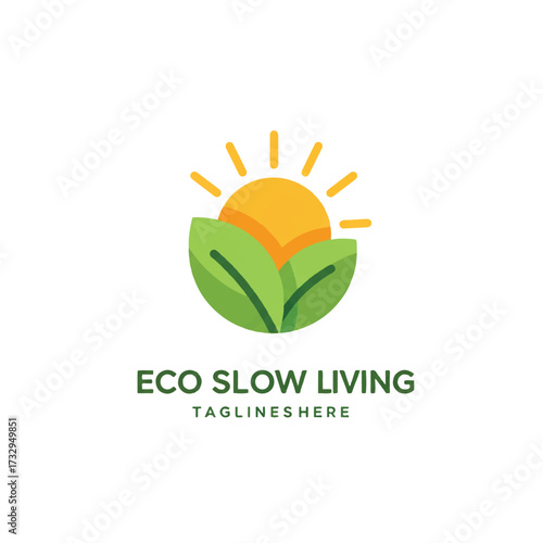 Sun over leaves with text ECO SLOW LIVING TAGLINES HERE