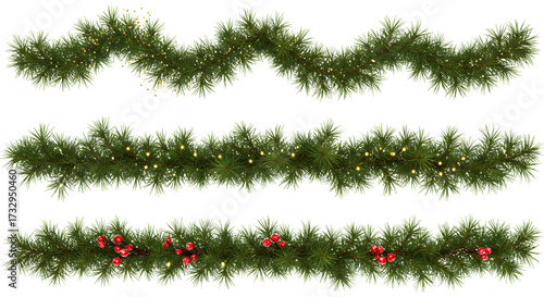 Set of Three Realistic Christmas Pine and Fir Garland Borders