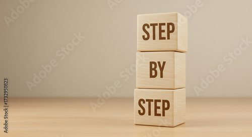 Step-by-step process concept. Wooden blocks with text on a table. Ideal for business, education, or tutorial visuals