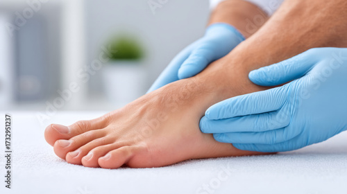Medical examination of patient's foot health by doctor using palpation technique