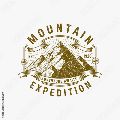 Vintage emblem featuring a mountain range with sunburst rays, banners, and compass roses, symbolizing adventure and expeditions.