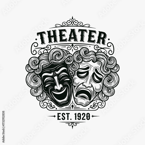 Vintage theater logo with comedy and tragedy masks, established in 1920.