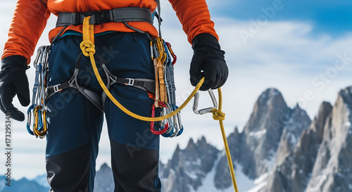 Close-up of a mountaineer preparing for an ascent, showing climbing gear and rope