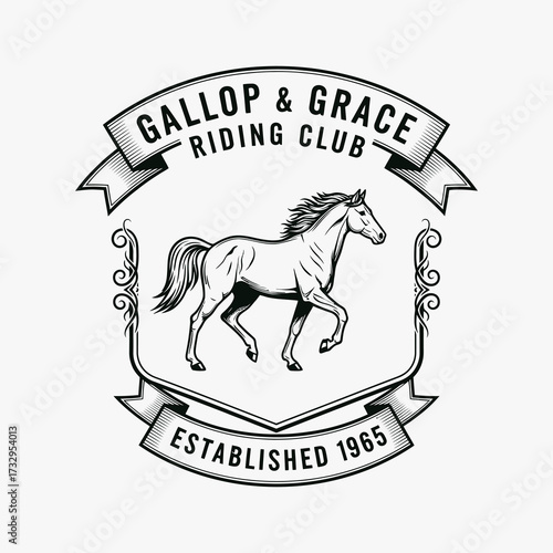 Gallop & Grace Riding Club logo with horse and ribbon.