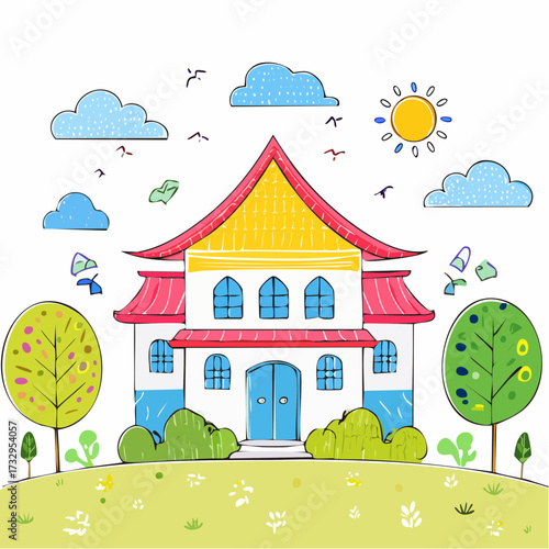 Kids house doodle set, hand drawn childish naive building icon kindergarten scribble landscape print.