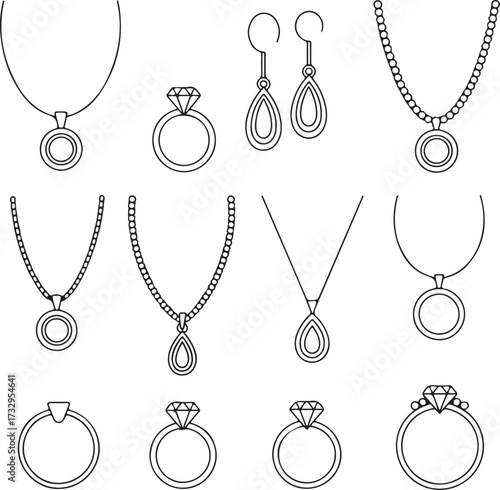 Collection of hand drawn jewelry designs featuring necklaces rings and earrings