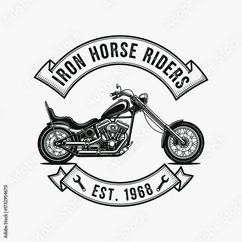 Vintage motorcycle club logo with a chopper and banners reading 'Iron Horse Riders' and 'Est. 1968'.
