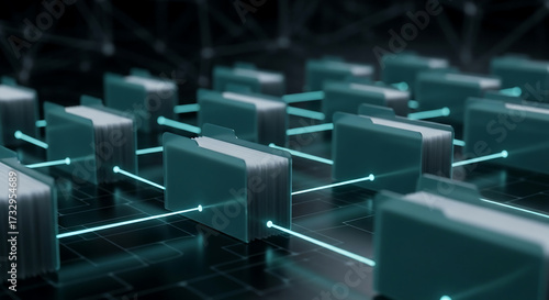 Digital files connected by data network. Concept of data storage, cloud computing, and big data management