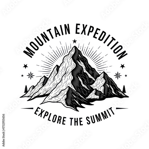 Vintage mountain expedition emblem with text 'Mountain Expedition' and 'Explore the Summit' in a retro style.