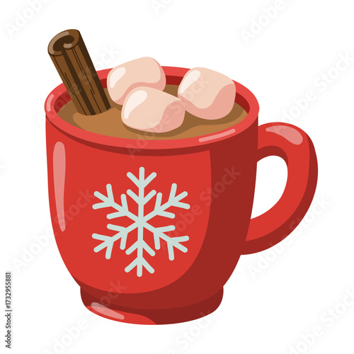Cup of hot chocolate with marshmallows and cinnamon in cute cartoon style. Hand drawn vector isolated illustration.