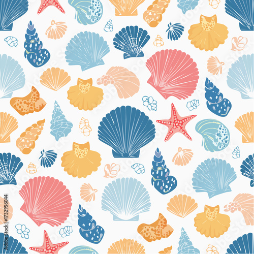 Ocean seamless pattern, vector doodle sea shell hand drawn texture, nautical whimsical background.