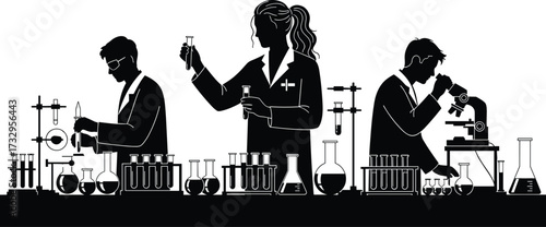 "Laboratory Silhouette of Scientists Conducting Experiments with Glassware, Bunsen Burner, Microscope, and STEM Research Collaboration Illustration"