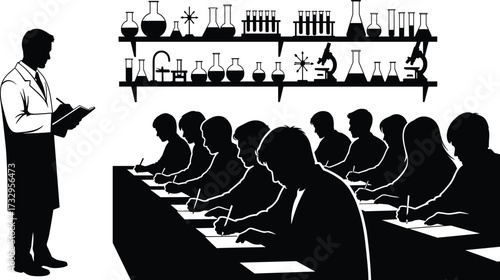 "Science Classroom Silhouette with Instructor and Students Writing at Desks Surrounded by Laboratory Glassware in STEM Education Illustration"