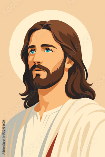 Vector illustration of Jesus Christ portrait with halo, Christian religious art, holy savior face icon