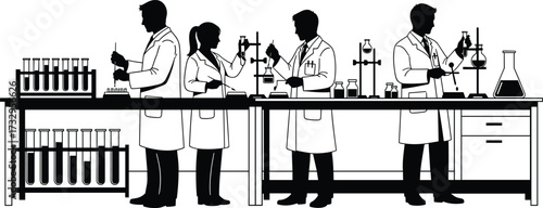 "Scientific Team Silhouette in Laboratory Performing Experiments with Glassware, Pipettes, and Collaborative STEM Research Environment Illustration"