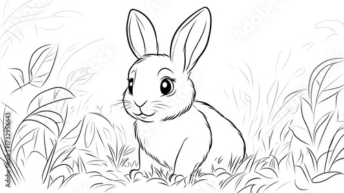 Line art illustration of a cute rabbit in a grassy environment