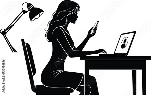 "Silhouette of Person Using Laptop and Smartphone at Desk with Lamp for Remote Work, Communication, and Digital Productivity Illustration"